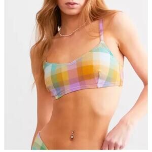 Billabong Bikini Top SZ Small Warm Wave Lila Bralette Swim Suit Madras Plaid NWT